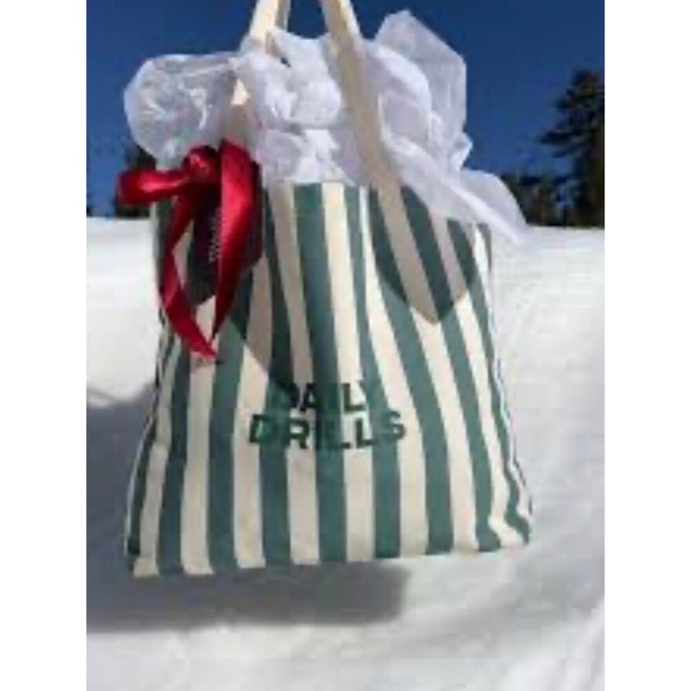 Daily Drills Green and Cream Striped Canvas Tote - Picture 1 of 5